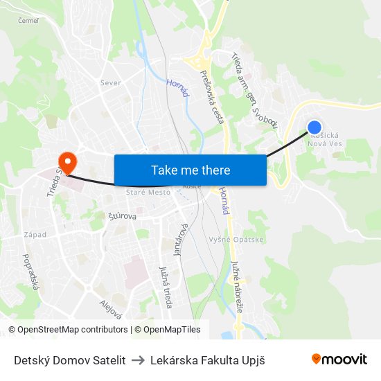 Detský Domov Satelit to Lekárska Fakulta Upjš map