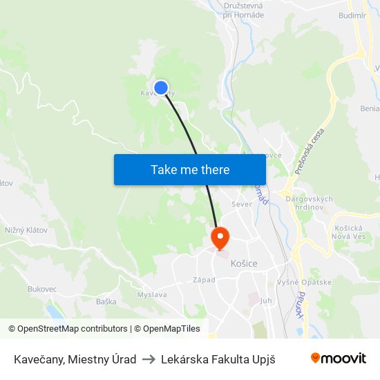 Kavečany, Miestny Úrad to Lekárska Fakulta Upjš map