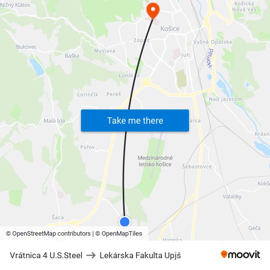 Vrátnica 4 U.S.Steel to Lekárska Fakulta Upjš map