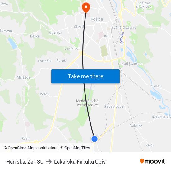 Haniska, Žel. St. to Lekárska Fakulta Upjš map