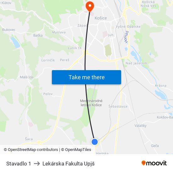 Stavadlo 1 to Lekárska Fakulta Upjš map