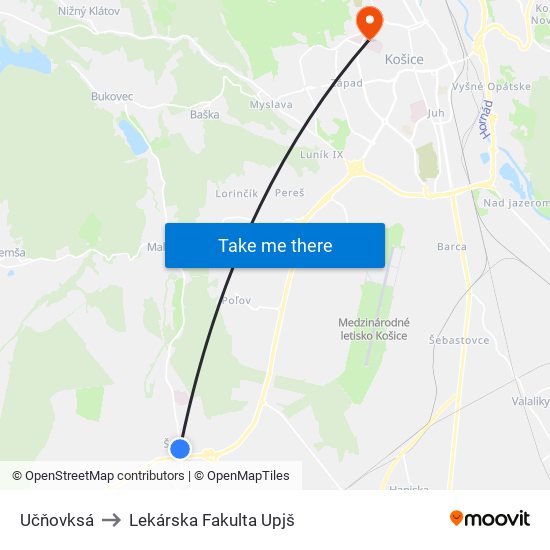 Učňovksá to Lekárska Fakulta Upjš map