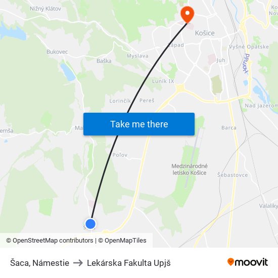 Šaca, Námestie to Lekárska Fakulta Upjš map