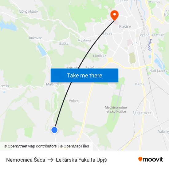 Nemocnica Šaca to Lekárska Fakulta Upjš map