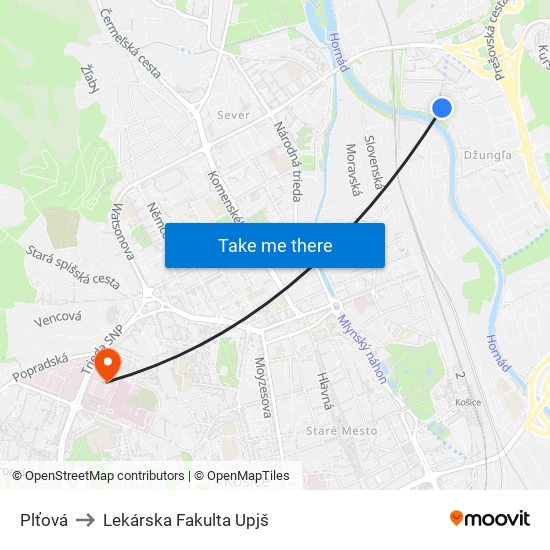 Plťová to Lekárska Fakulta Upjš map