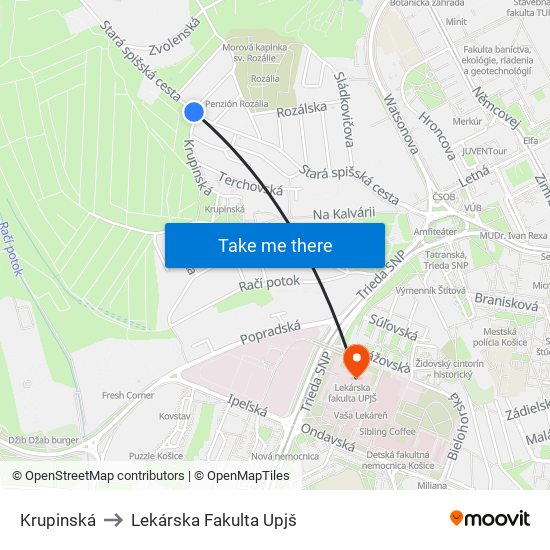 Krupinská to Lekárska Fakulta Upjš map