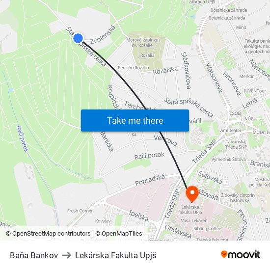 Baňa Bankov to Lekárska Fakulta Upjš map