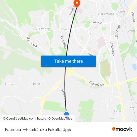 Faurecia to Lekárska Fakulta Upjš map