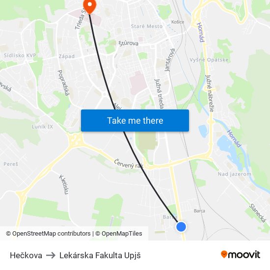 Hečkova to Lekárska Fakulta Upjš map