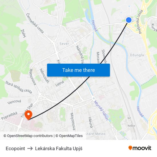 Ecopoint to Lekárska Fakulta Upjš map