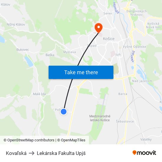 Kovaľská to Lekárska Fakulta Upjš map