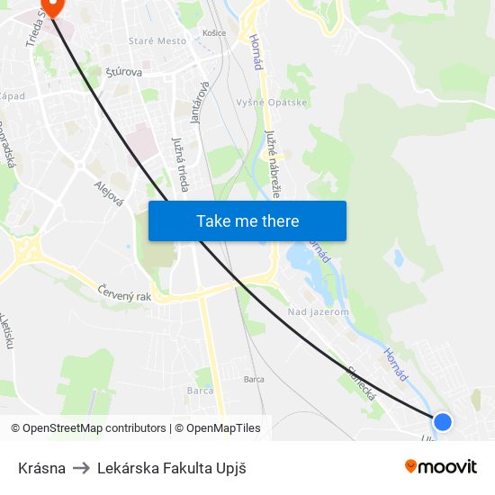 Krásna to Lekárska Fakulta Upjš map