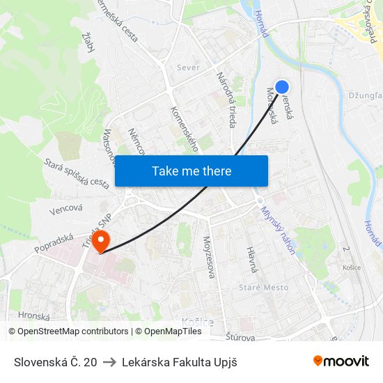 Slovenská Č. 20 to Lekárska Fakulta Upjš map