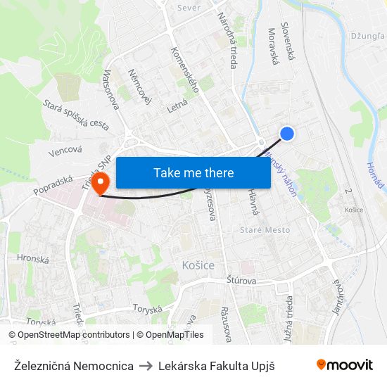 Železničná Nemocnica to Lekárska Fakulta Upjš map