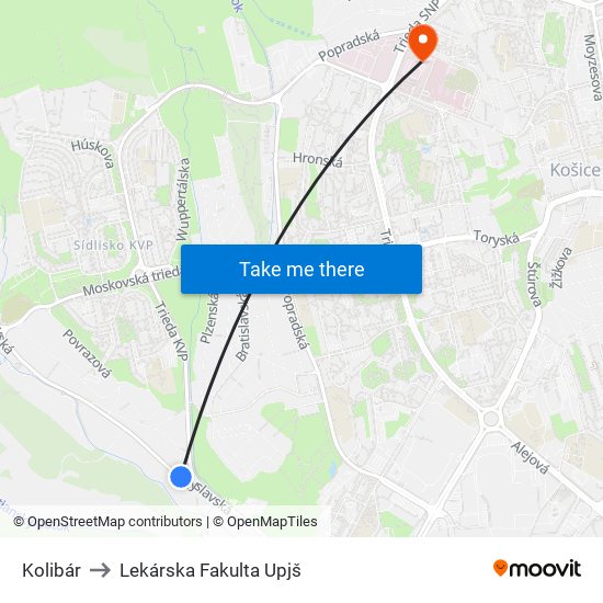 Kolibár to Lekárska Fakulta Upjš map