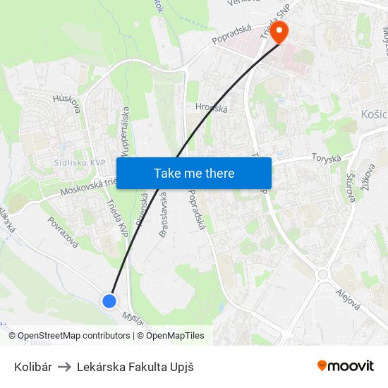 Kolibár to Lekárska Fakulta Upjš map