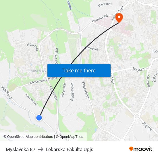 Myslavská 87 to Lekárska Fakulta Upjš map