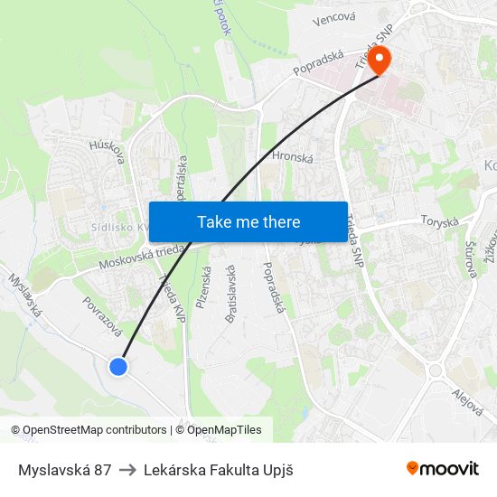 Myslavská 87 to Lekárska Fakulta Upjš map