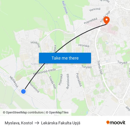 Myslava, Kostol to Lekárska Fakulta Upjš map