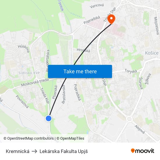 Kremnická to Lekárska Fakulta Upjš map