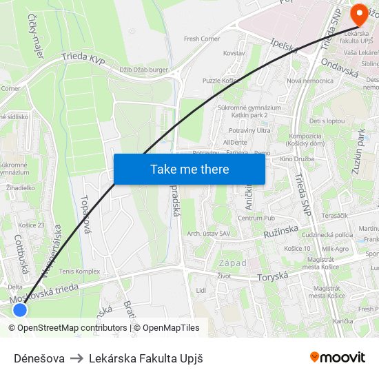 Dénešova to Lekárska Fakulta Upjš map