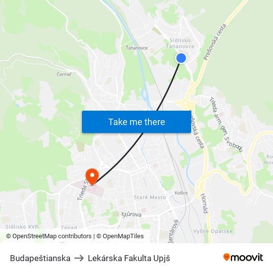 Budapeštianska to Lekárska Fakulta Upjš map