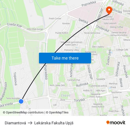 Diamantová to Lekárska Fakulta Upjš map