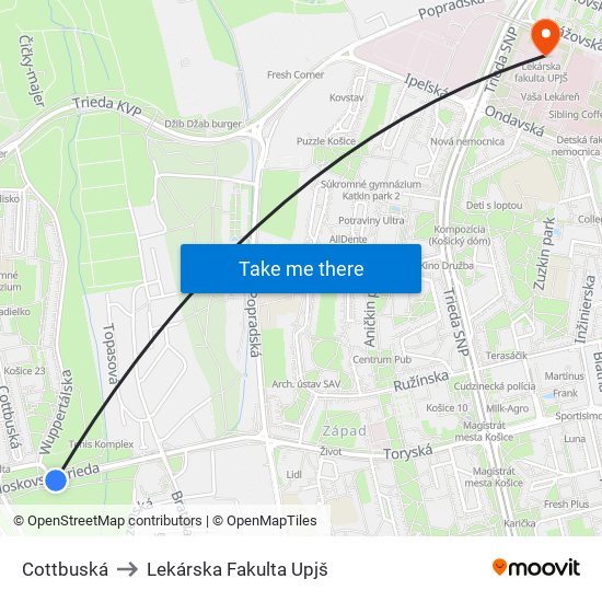 Cottbuská to Lekárska Fakulta Upjš map