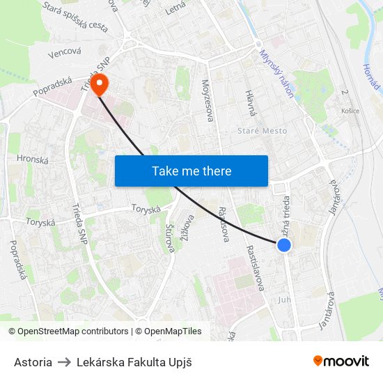 Astoria to Lekárska Fakulta Upjš map