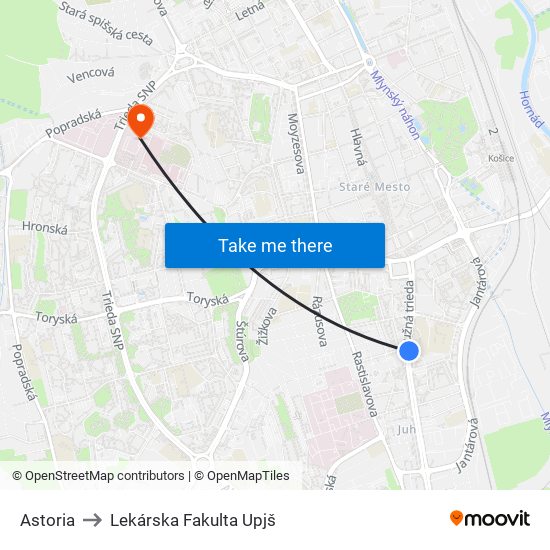 Astoria to Lekárska Fakulta Upjš map