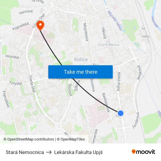 Stará Nemocnica to Lekárska Fakulta Upjš map