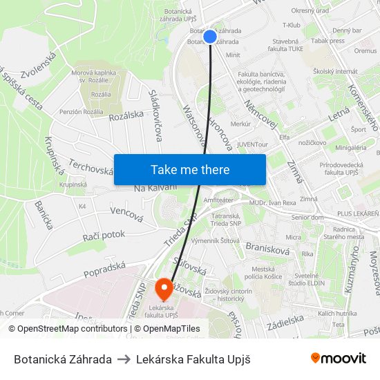 Botanická Záhrada to Lekárska Fakulta Upjš map