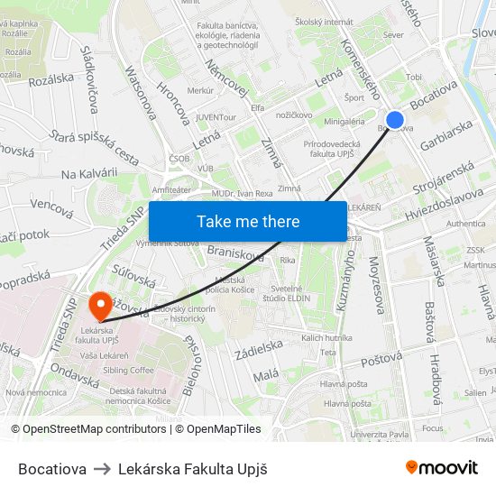 Bocatiova to Lekárska Fakulta Upjš map