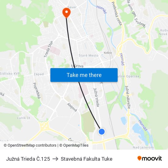 Južná Trieda Č.125 to Stavebná Fakulta Tuke map