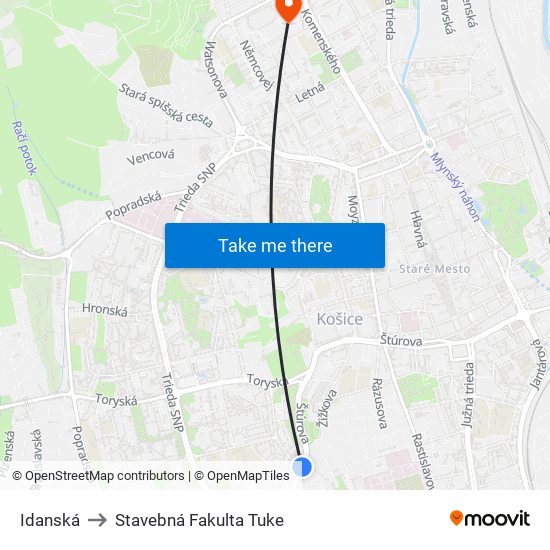 Idanská to Stavebná Fakulta Tuke map