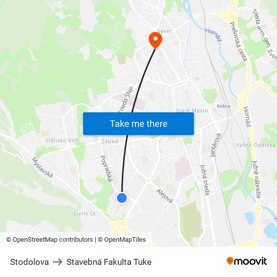 Stodolova to Stavebná Fakulta Tuke map