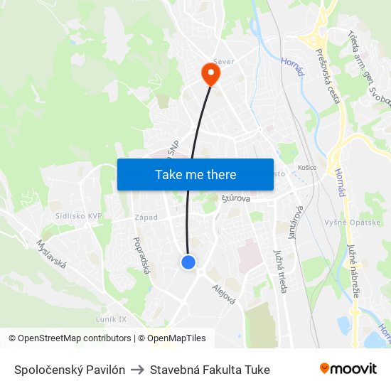 Spoločenský Pavilón to Stavebná Fakulta Tuke map