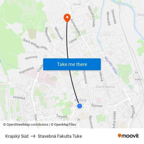 Krajský Súd to Stavebná Fakulta Tuke map