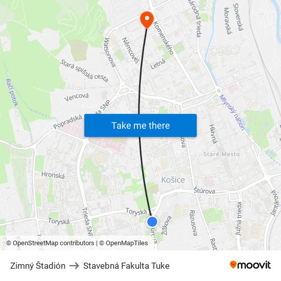 Zimný Štadión to Stavebná Fakulta Tuke map