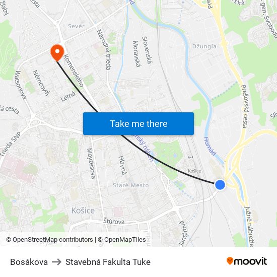 Bosákova to Stavebná Fakulta Tuke map