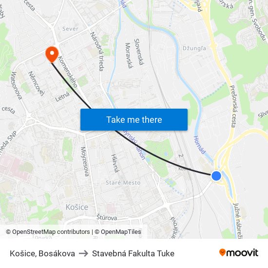 Košice, Bosákova to Stavebná Fakulta Tuke map