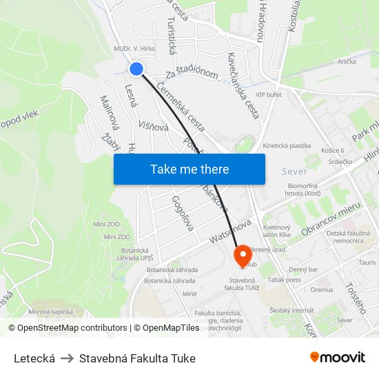 Letecká to Stavebná Fakulta Tuke map