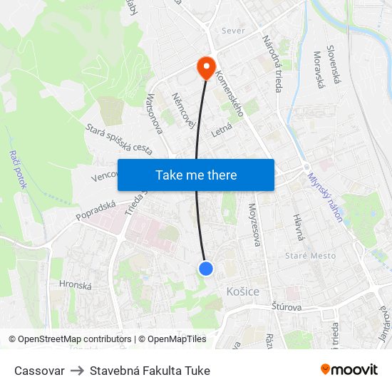 Cassovar to Stavebná Fakulta Tuke map