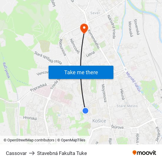 Cassovar to Stavebná Fakulta Tuke map