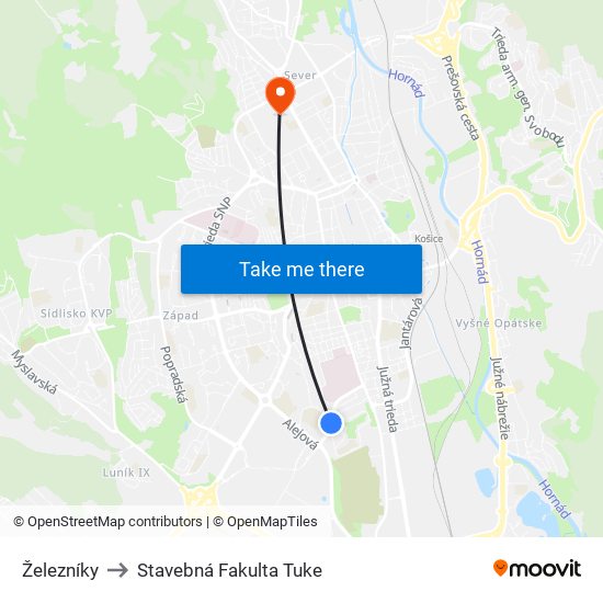 Železníky to Stavebná Fakulta Tuke map