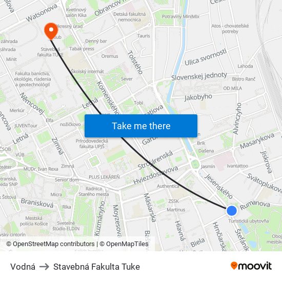 Vodná to Stavebná Fakulta Tuke map