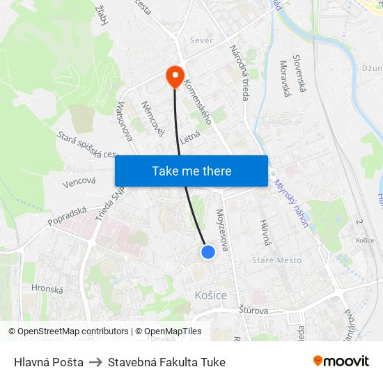 Hlavná Pošta to Stavebná Fakulta Tuke map