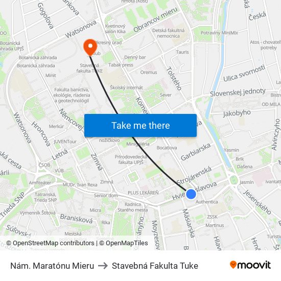 Nám. Maratónu Mieru to Stavebná Fakulta Tuke map