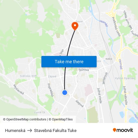 Humenská to Stavebná Fakulta Tuke map