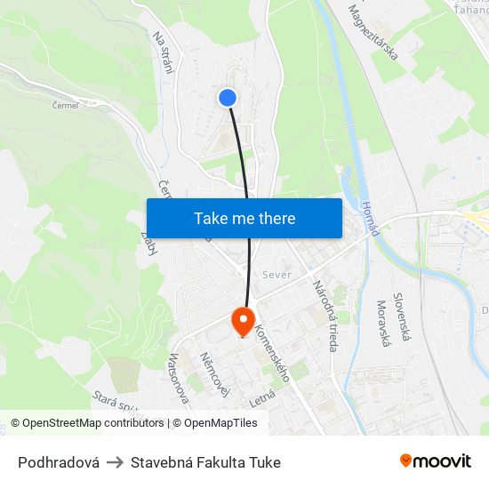 Podhradová to Stavebná Fakulta Tuke map